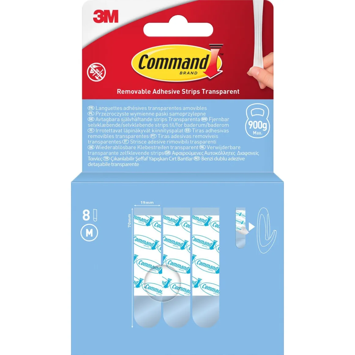 Command självhäftande strips M, transparent, 900 gram, 8-p