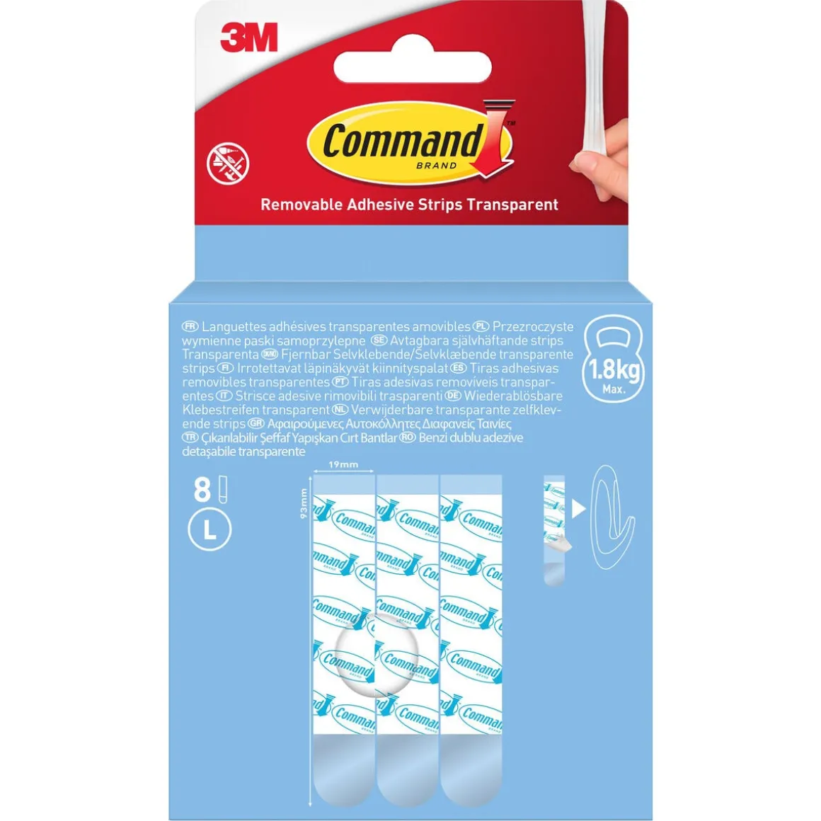 Command självhäftande strips L, transparent, 1,8 kg, 8-pack
