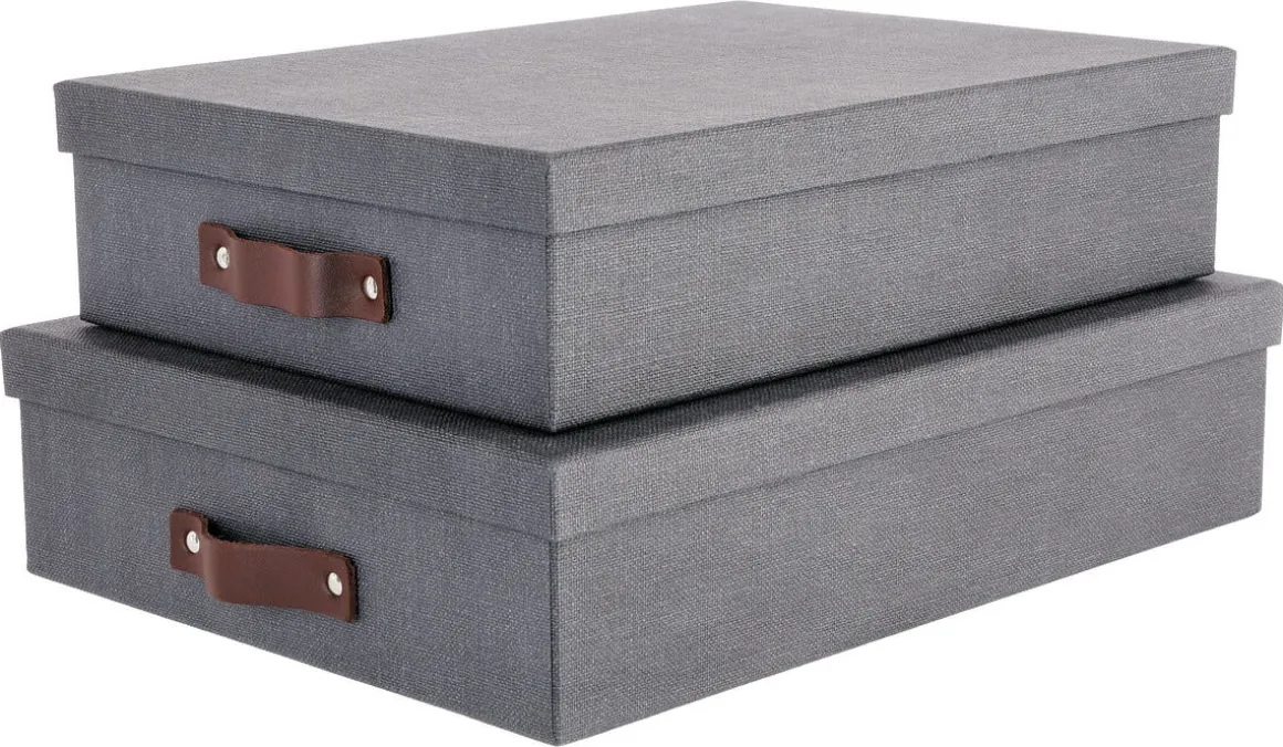 Förvaringsbox med läderhandtag 2-pack, mörkgrå