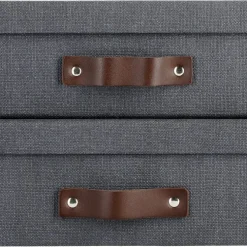 Förvaringsbox med läderhandtag 2-pack, mörkgrå