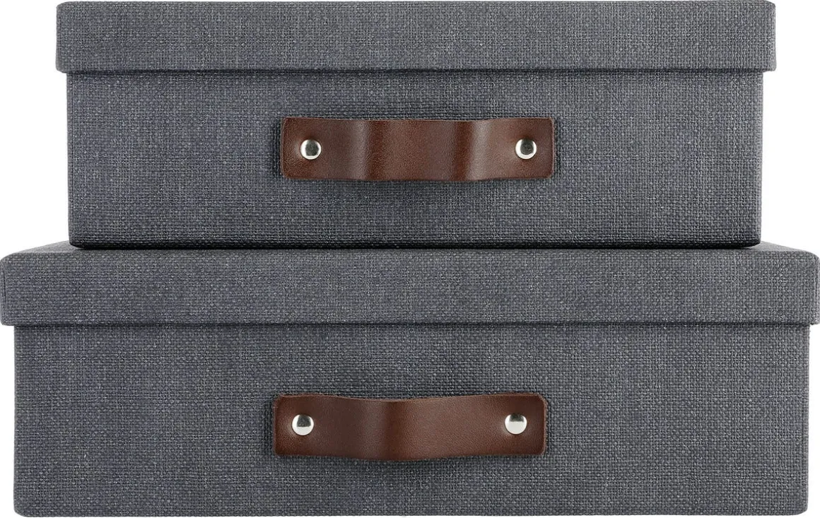 Förvaringsbox med läderhandtag 2-pack, mörkgrå