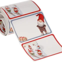 Juletiketter på rulle, motiv med jultomtar, 50-pack