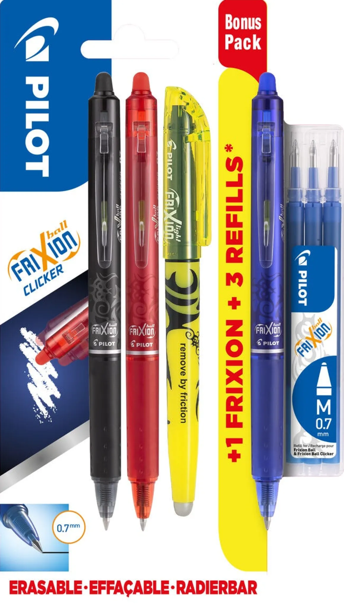 Pilot Frixion Clicker 3-pack med refill och överstrykningspenna