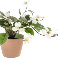 Plastblomma i kruka, sommarväxt med vita blommor