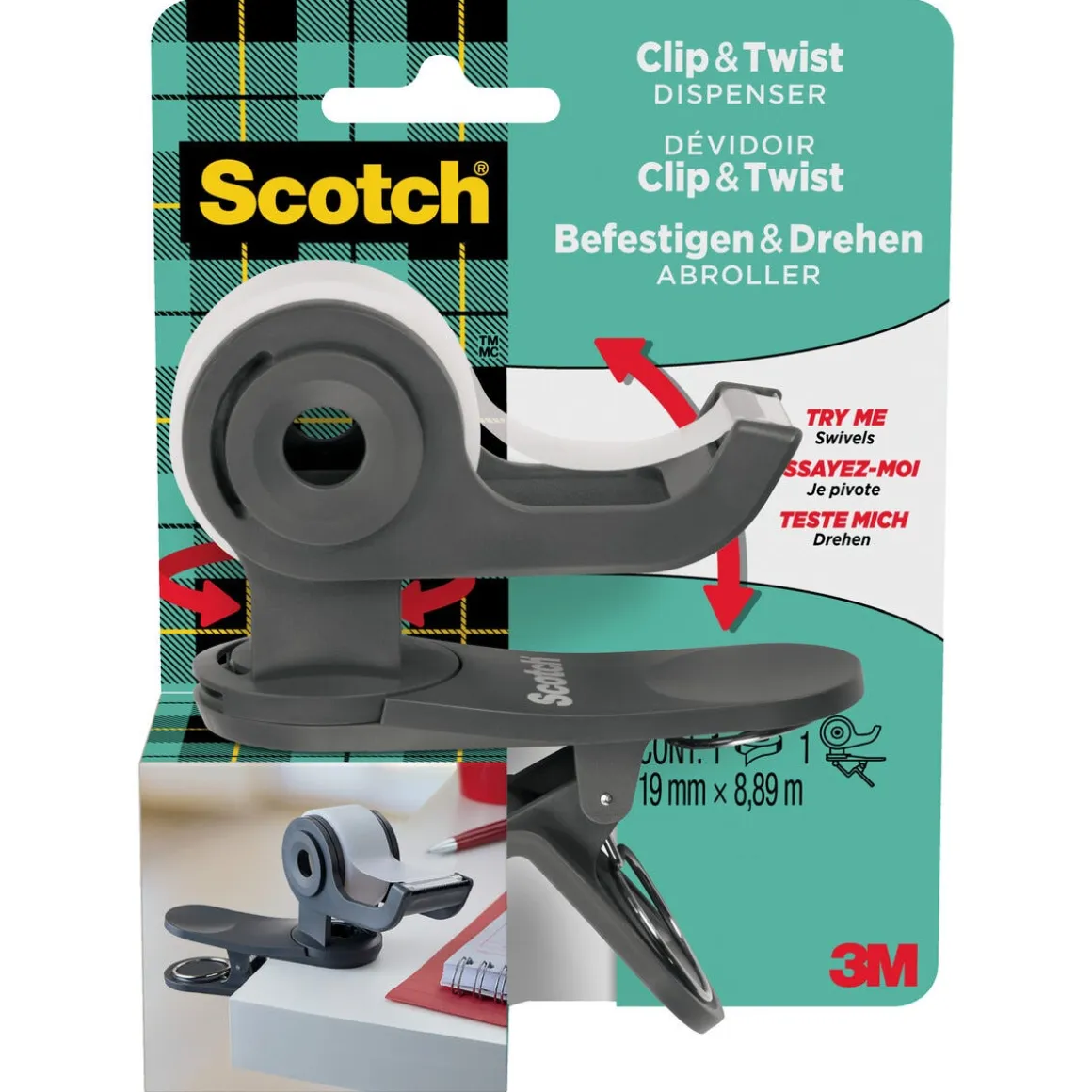Scotch Clip & Twist tejphållare med tejp, 19 mm x 8,89 m