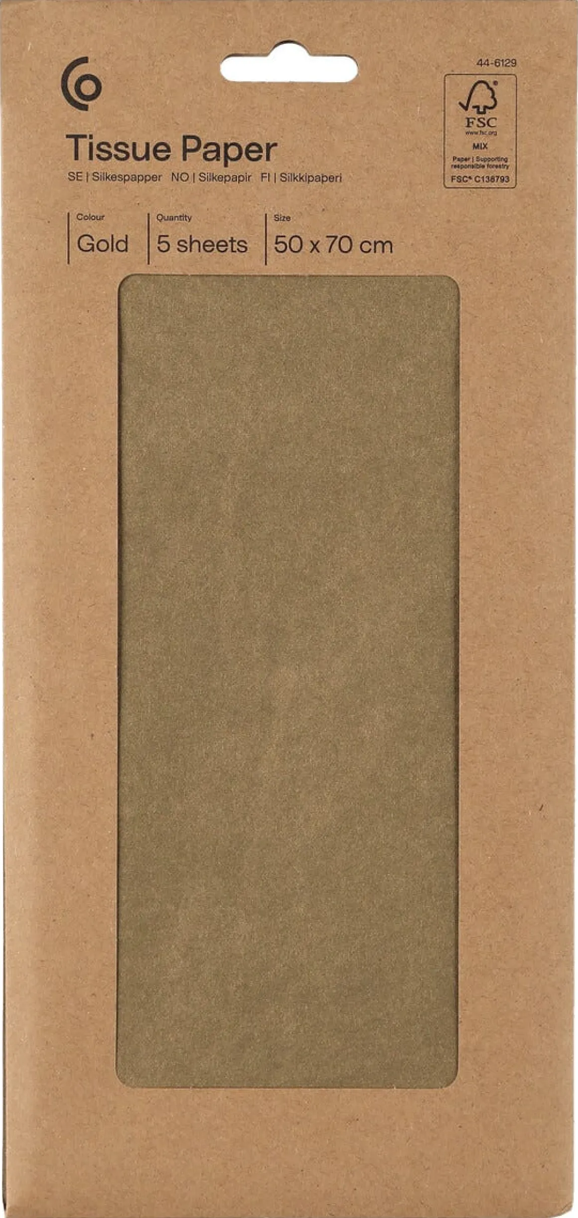 Silkespapper, guld, 50 x 70 cm, 5 ark