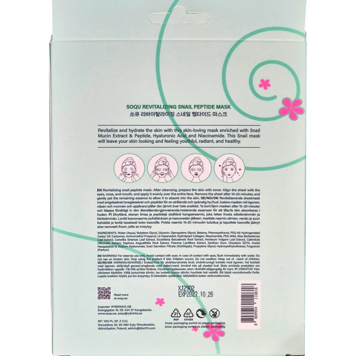 SOQU K-beauty koreansk mask, ansiktsmask, 5-pack
