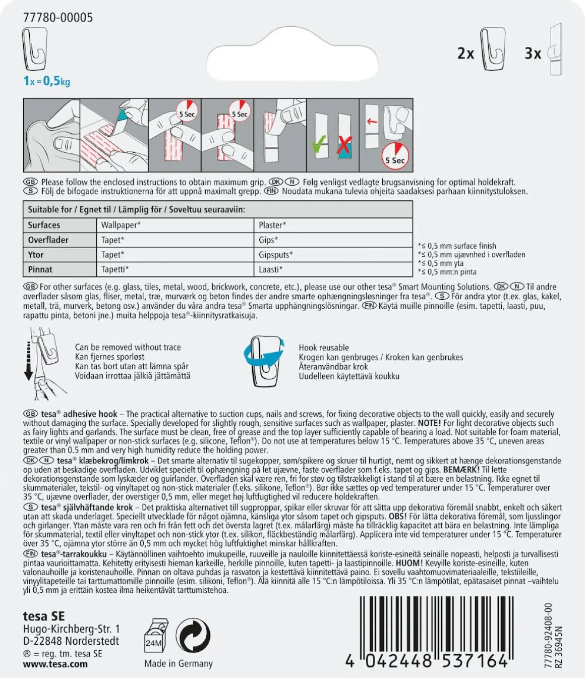 Tesa självhäftande krok, 2-pack