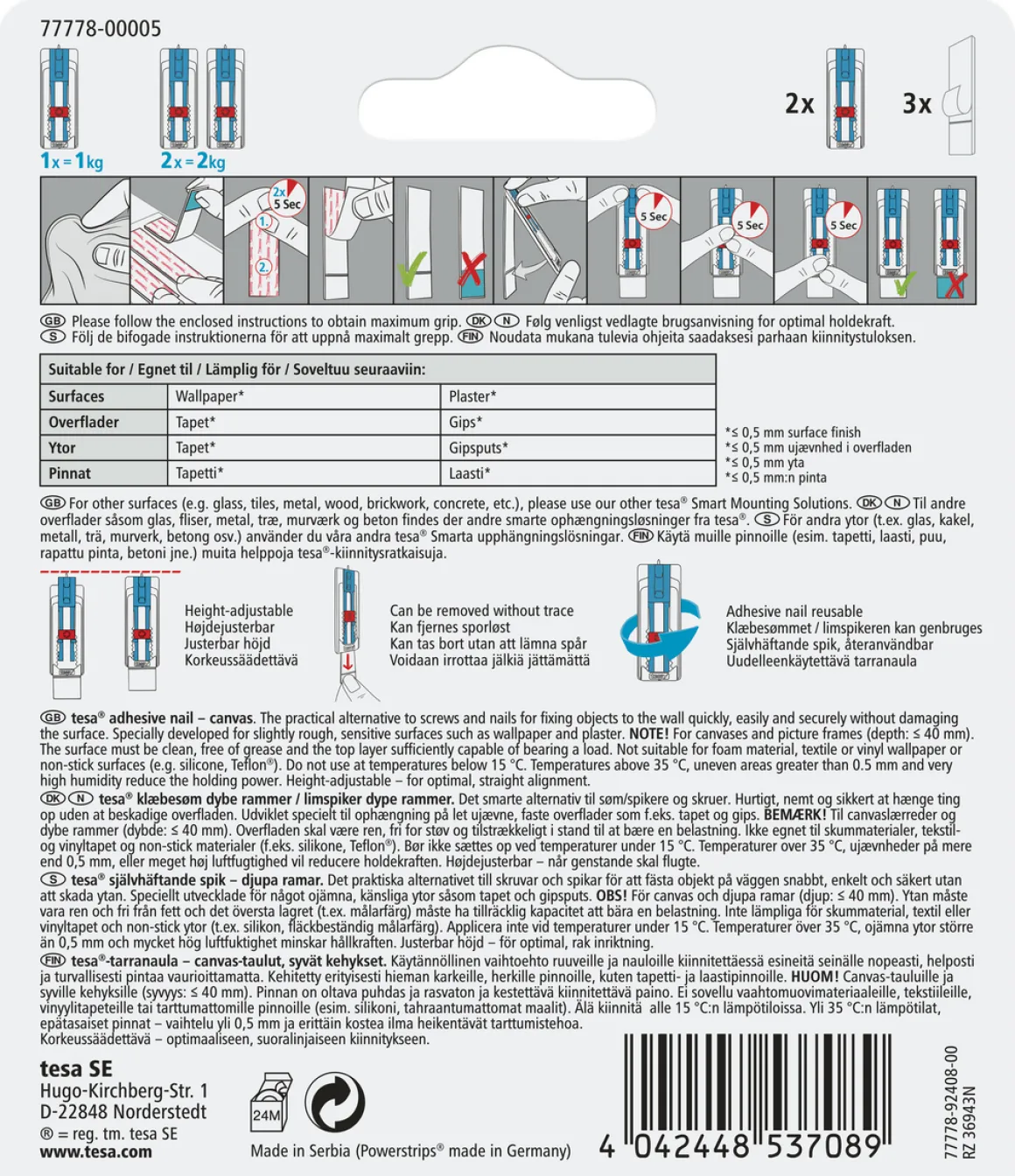 Tesa självhäftande spik canvas, 2-pack
