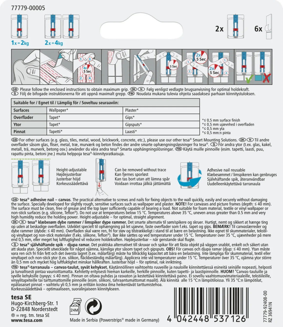 Tesa självhäftande spik canvas, 2-pack