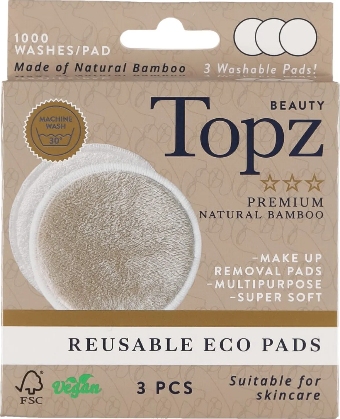 Topz Beauty Reusable Eco Pads flergångspads, 3-pack