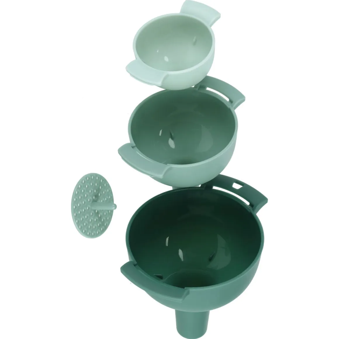 Tratt med sil, plast, stapelbar, 3-pack