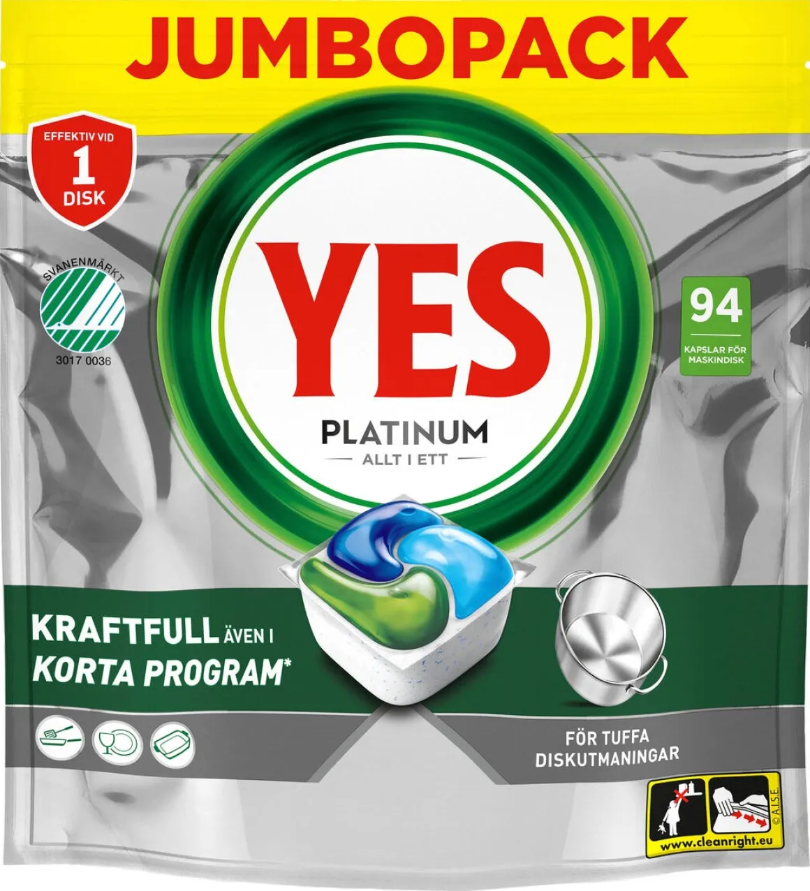 Yes Platinum All In One maskindiskmedel, 94-pack